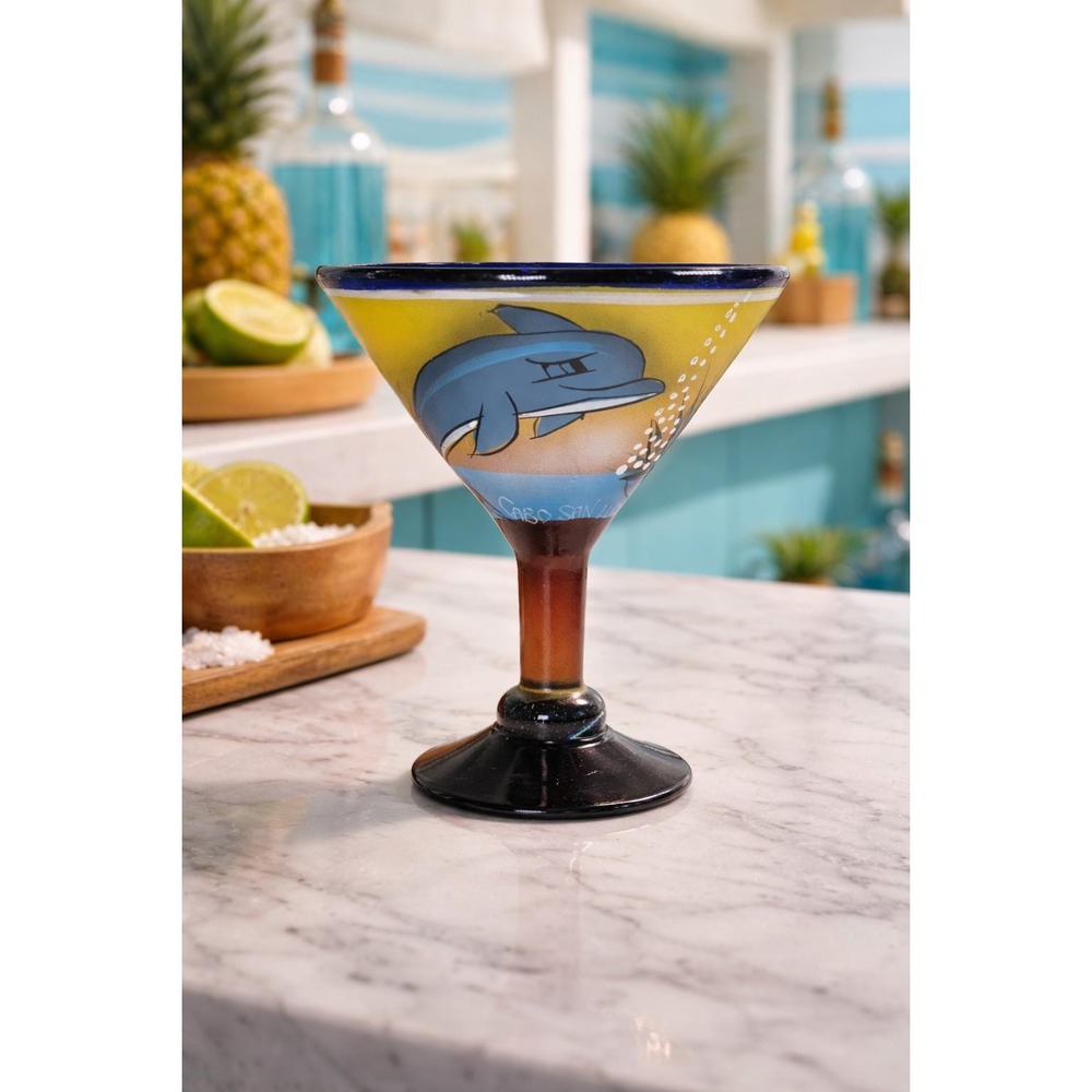 Hand Painted Dolphin Martini Glass Cobalt Blue Cabo San Lucas